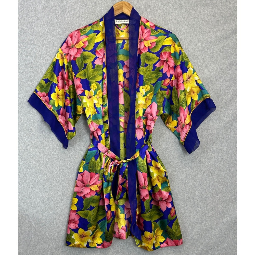 Cacique Kimono Robe Blue Tropical Floral Satin Vintage Y2K Resort Summer Size S